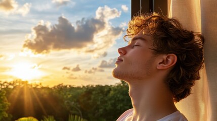 morning relaxation, someone stands by an open window, taking deep breaths with closed eyes, against a peaceful, blurred background of morning sky and flowing curtains