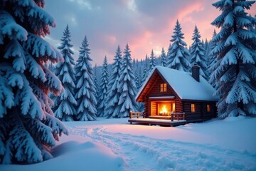 Fototapeta premium Cozy winter cabin with snow-covered trees and fireplace, cabin, serene landscape