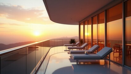 Fototapeta premium Futuristic design of modern Balcony at Golden Hour, cinematic photography