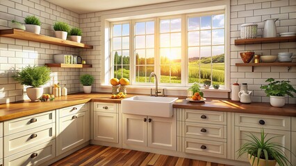 Fototapeta premium Rustic Farmhouse Kitchen: Classic Subway Tiles & Wooden Countertops - Stock Photo