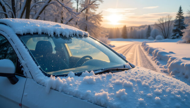 Frozen car adorned with frost showing a breathtaking winter landscape at sunrise