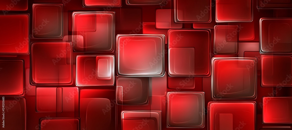 Poster a vivid red backdrop with abstract cubic shapes, forming a sleek and minimalist monochromatic backgr