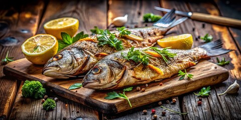Obraz premium Rustic Grilled Fish Dinner: Lemon, Herbs & Urban Decay Background