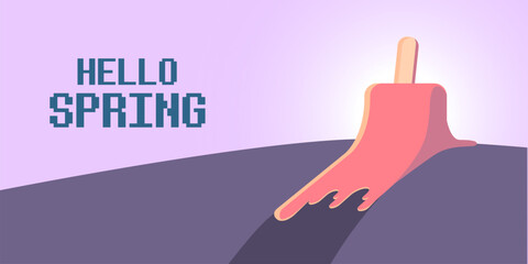 vector hello spring horizontal banner with flat melt ice cream isolated on violet sky background. Hello March Springtime background, poster, flyer and banner