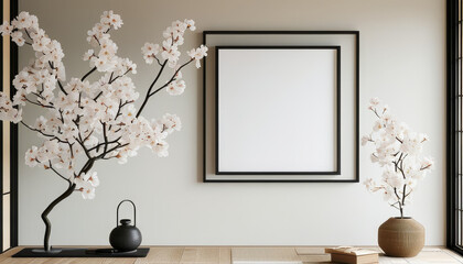 Blank picture frame mock up, Elegant black japanese frame empty white canvas hanging on the wall, minimal mockup frame on white cherry blossom wall, modern japanese interior, wall art presentation