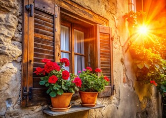 Naklejka premium Rustic House Window with Flowers, Wooden Shutters, Low Angle View - Stock Photo