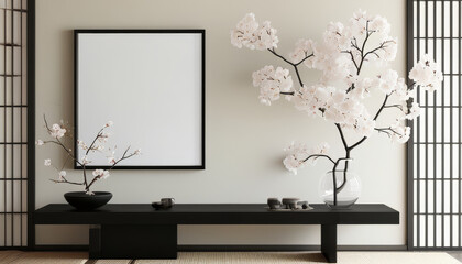 Blank picture frame mock up, Elegant black japanese frame empty white canvas hanging on the wall, minimal mockup frame on white cherry blossom wall, modern japanese interior, wall art presentation