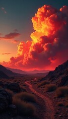 Obraz premium Fire clouds above a desolate wasteland at sunset, desert, fire clouds, ash