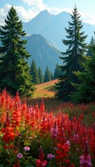 Fireweed and spruce tree combination in autumn landscape, trees, flowers