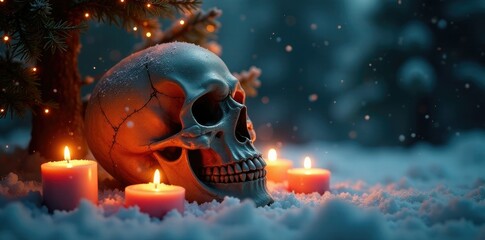 Flickering candles surround a skull Christmas tree, skull, dark winter