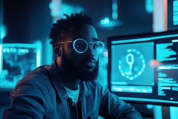 A focused individual with glasses works on a computer surrounded by glowing screens, immersed in a digital environment at night.