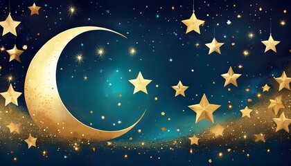 Naklejka premium Cute moon and stars wallpaper with golden sparkles and blue night tones