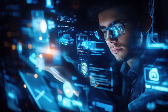 A focused individual interacts with glowing digital interfaces, showcasing advanced technology and data analysis.