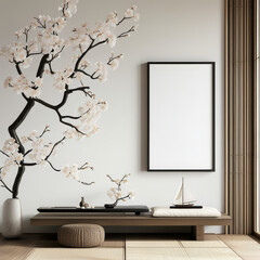 Blank picture frame mock up, Elegant black japanese frame empty white canvas hanging on the wall, minimal mockup frame on white cherry blossom wall, modern japanese interior, wall art presentation