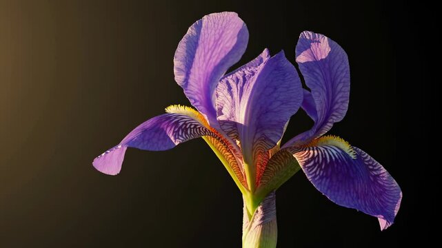 Beautiful purple iris bud blossoms as sunlight gently illuminates its petals in serene garden setting
