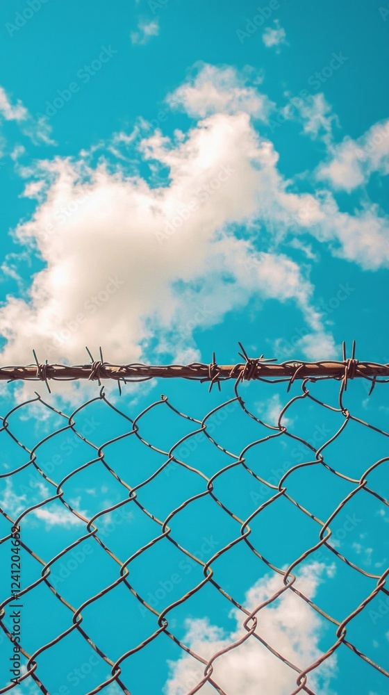 Poster chain-link fence rises against a rich blue sky scattered with fluffy white clouds, capturing a momen