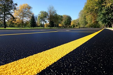 Road marking on brand new asphalt surface of a parking lot, yellow and white lines as abstract background , isolated on white background,  , copy space for text,
