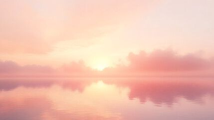 Fototapeta premium A soft apricot fog covering a serene lake at sunrise, symbolizing calm and clarity.