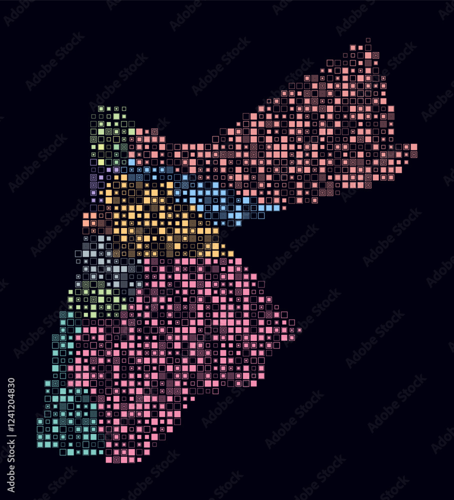 Poster jordan, shape of the country built of colored cells. digital style map of jordan on dark background.