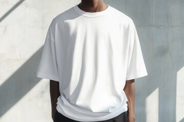 A person wearing a plain white oversized t-shirt stands against a light concrete backdrop, exuding a casual and minimalist style.