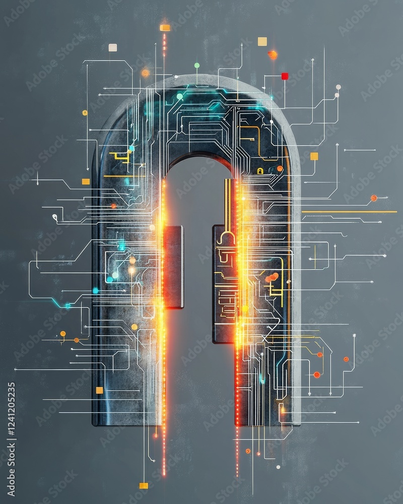 Poster a digital lock design featuring circuits, glowing elements, and a high-tech aesthetic, symbolizing c