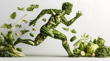 Obraz premium Healthy living concept featuring a running figure composed of fresh produce viewed from the side in a 3D digital This image represents the idea of a balanced active and nutritious lifestyle