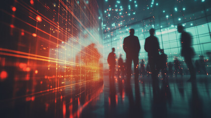 Obraz premium Group of business people silhouettes in modern office building and business network concept. Human resources with pastel innovation charts and graphs with statistics to analyze business 