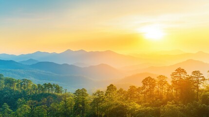 Obraz premium Serene Sunrise Over Rolling Hills and Lush Forest Landscape
