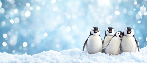 A charming scene of four penguins gathered on snowy ground, set against a soft blue background with sparkling bokeh effects.