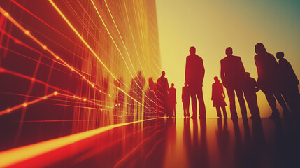 Fototapeta premium Group of business people silhouettes in modern office building and business network concept. Human resources with pastel innovation charts and graphs with statistics to analyze business 