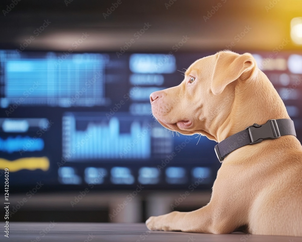 Poster a tan dog sits attentively with a digital screen displaying graphs and data in the background, sugge
