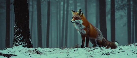 A majestic fox stands in a snow-covered forest, surrounded by tall, misty trees, embodying the beauty of nature in winter.
