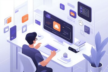 A person working at a modern desk, interacting with digital interfaces on a computer screen, surrounded by tech-related graphics and a plant.