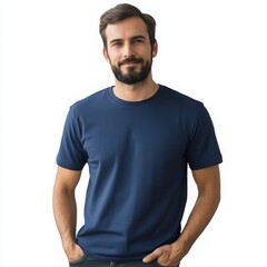 Fototapeta premium A casual portrait of a smiling man wearing a navy blue t-shirt, exuding confidence and approachability.