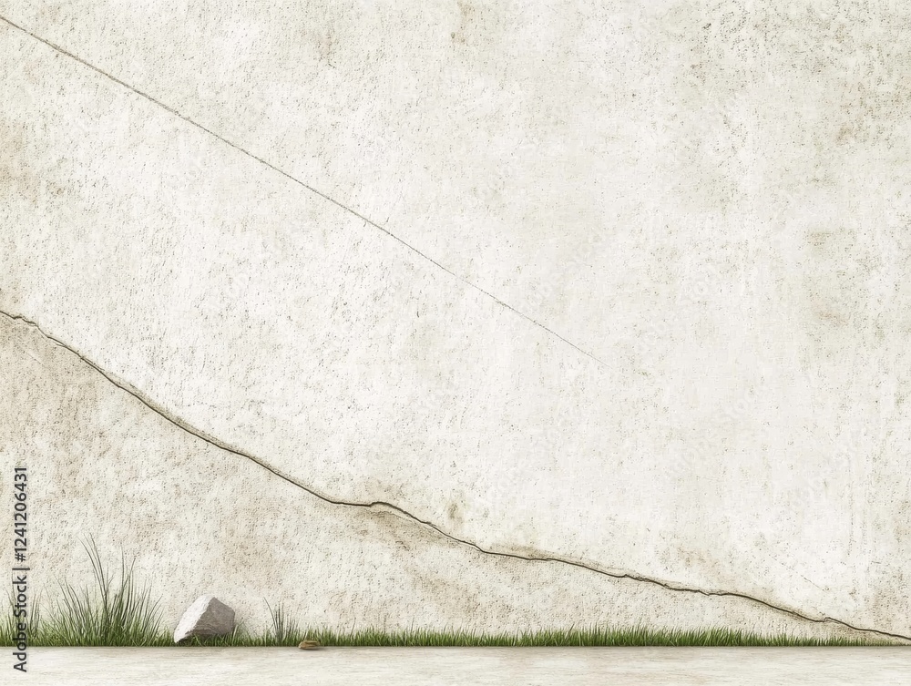 Poster a minimalist image of a textured wall with subtle cracks and a touch of grass at the base, evoking a