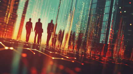 Group of business people silhouettes in modern office building and business network concept. Human resources with pastel innovation charts and graphs with statistics to analyze business