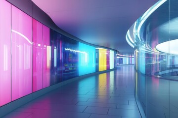 modern metro station with curved glass walls, floating holographic advertisements, and dynamic led lighting creating futuristic ambient glow