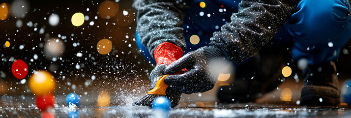 Winter Night Cleaning, Person Sweeping Snow and Ice from Pavement at Night