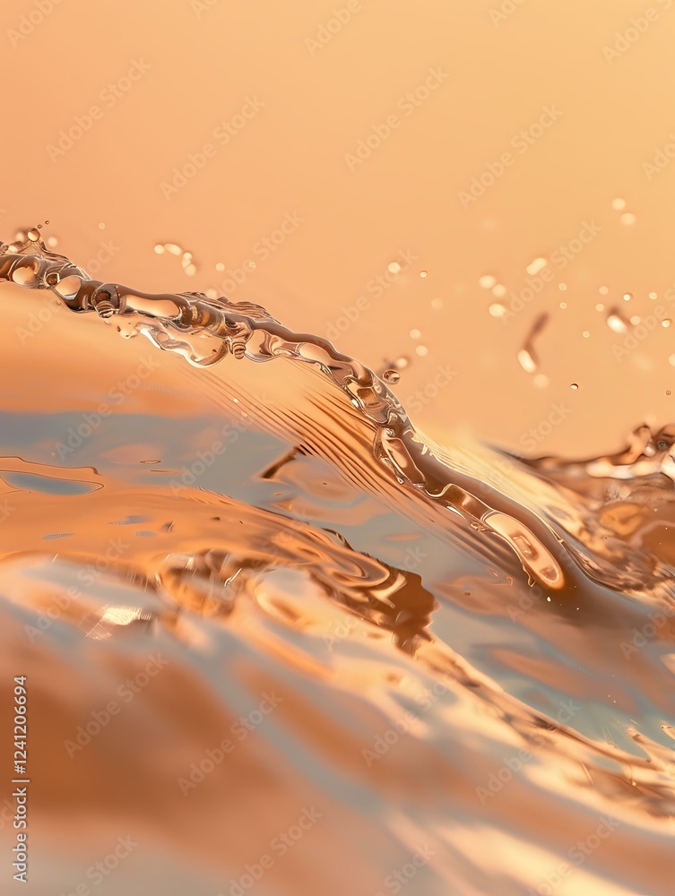 Poster dynamic liquid splash with rippling waves and droplets in warm golden tones, creating abstract patte