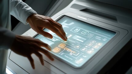A closeup shot of a touchscreen control panel embedded in a laboratory workstation showcasing a grid of icons representing different analytical processes. The hands of a technician