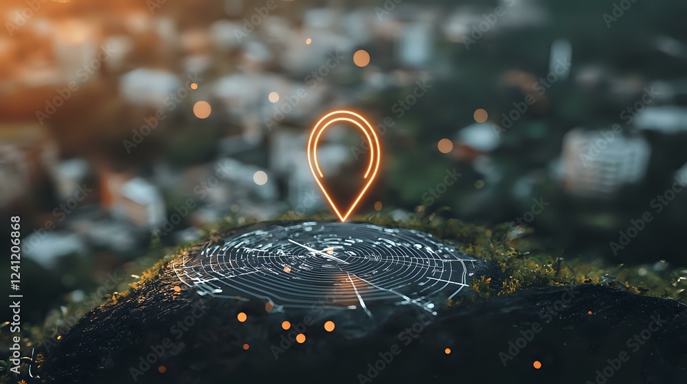 Poster Glowing location pin marker floating above digital network web on blurred cityscape background with bokeh lights and sunset glow. Modern navigation concept.