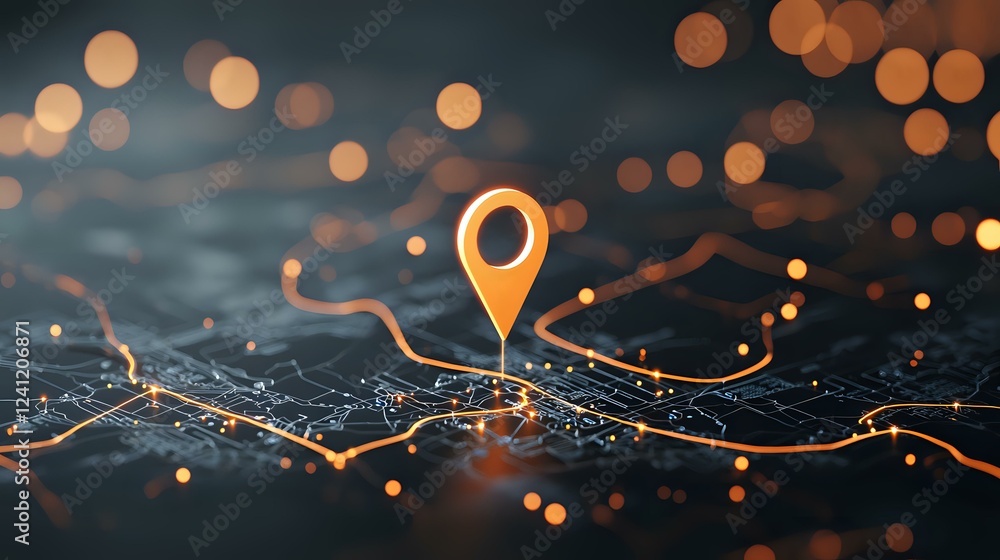Poster Glowing orange location pin marker on abstract digital network with bokeh lights and connecting lines on dark background. For business and technology concepts.