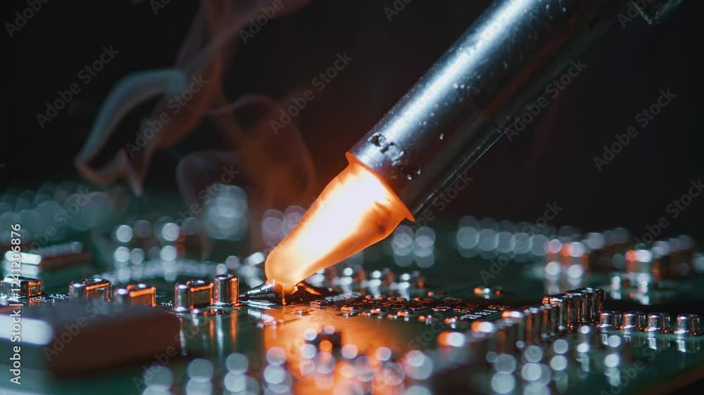 Aufkleber soldering a circuit board with precision in a dimly lit workshop showcasing expert techniques