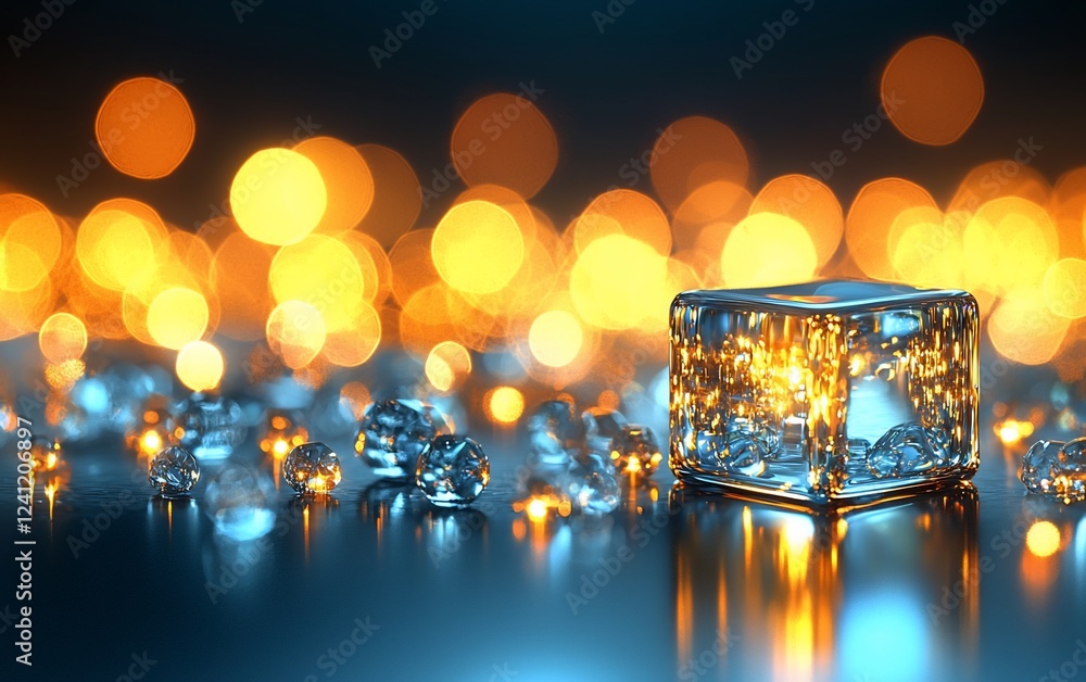 Poster Illuminated ice cube with diamonds, bokeh background;  festive backdrop