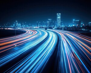 Fototapeta premium Night view of a glowing smart city with streets lit by renewable energy solutions
