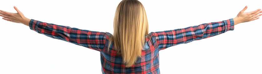 Woman in Plaid Shirt Extends Arms Widely, Embracing Openness and Freedom Joyfully.