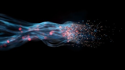 Ethereal blue smoke trail with glowing pink particles dispersing into sparkling light dots against dark background, creating magical flowing energy effect.