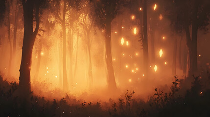 Fototapeta premium A soft apricot light glowing through a misty forest, creating an ethereal and magical atmosphere.