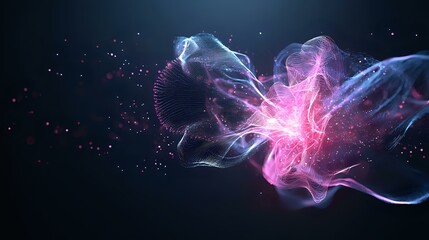 Obraz premium Glowing pink and blue energy waves collide in dark space creating luminous abstract formation with particles and light streaks against black background.