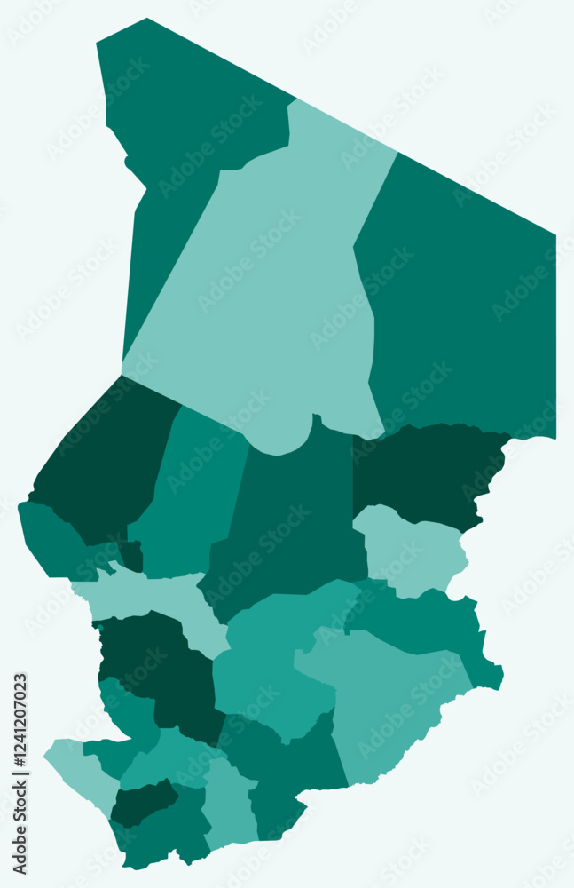 Poster map of chad with regions. just a simple country border map with region division. teal color palette.